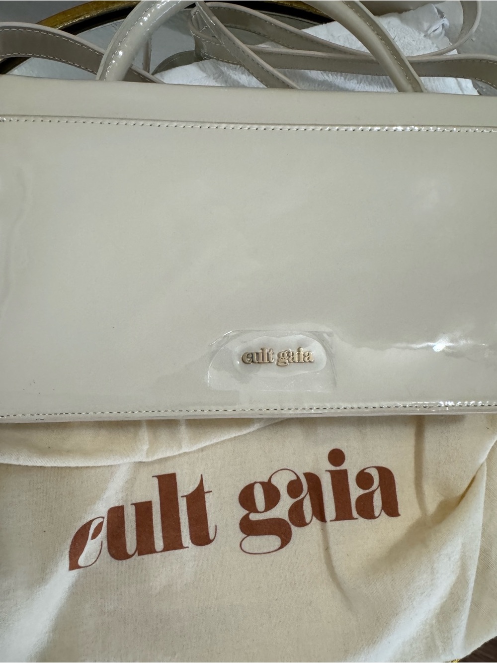 cult gaia Ivory Patent Leather Top-Handle Shoulder Bag with Gold Ring - Picture 4 of 5